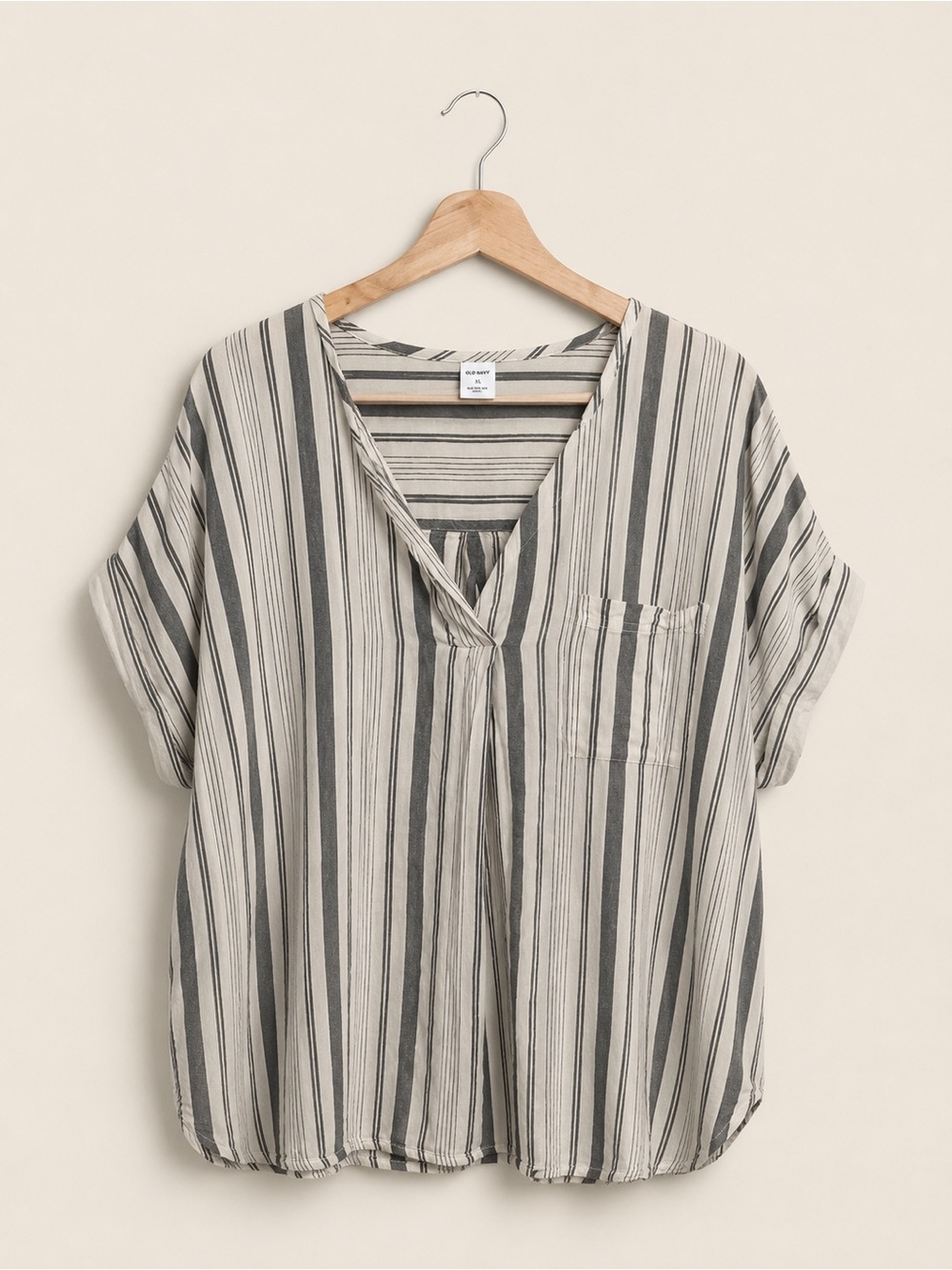 Old Navy Gray and White Vertical Stripe V-Neck Top